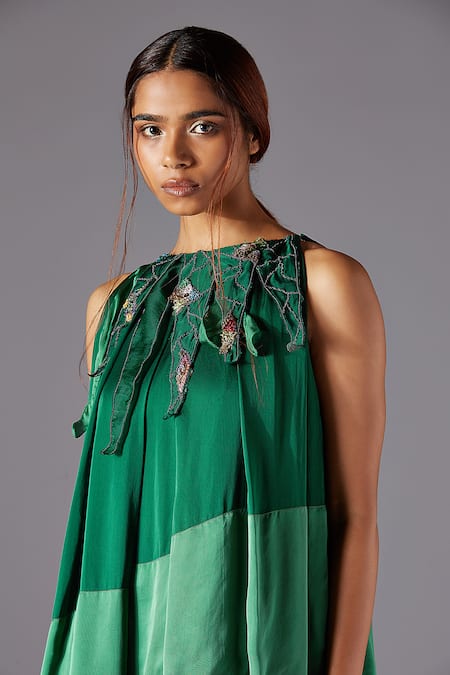 Shop A Humming Way Green Bamberg Georgette Satin Embroidered Abstract Ridgescapes Triangle Dress Online at Aza Fashions Shop_A Humming Way_Green Bamberg Georgette Satin Embroidered Abstract Ridgescapes Triangle Dress _Online_at_Aza_Fashions
