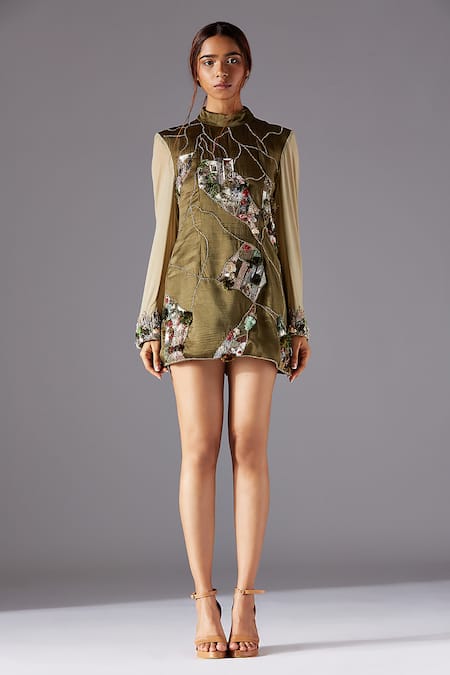 Shop A Humming Way Green Linen Satin And Stretch Net Embroidered Landscape Topiary Tunic Dress at Aza Fashions Shop_A Humming Way_Green Linen Satin And Stretch Net Embroidered Landscape Topiary Tunic Dress _at_Aza_Fashions