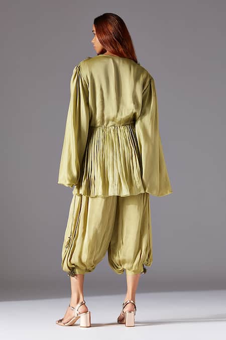 Shop_A Humming Way_Green Georgette, Satin V-neck Minicoy Flare Dress _at_Aza_Fashions