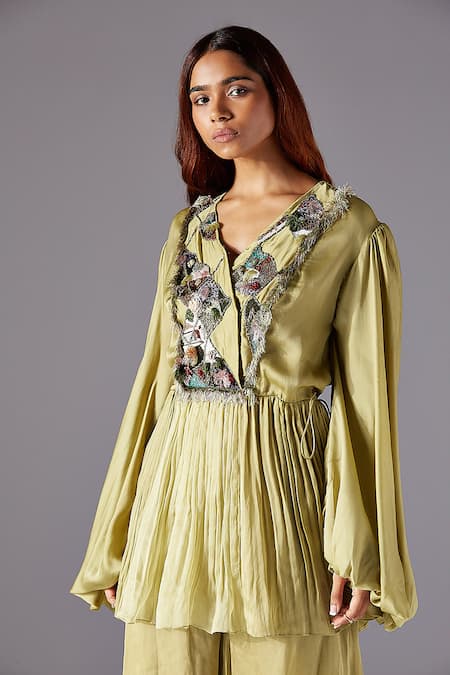 Buy_A Humming Way_Green Georgette, Satin V-neck Minicoy Flare Dress _Online_at_Aza_Fashions