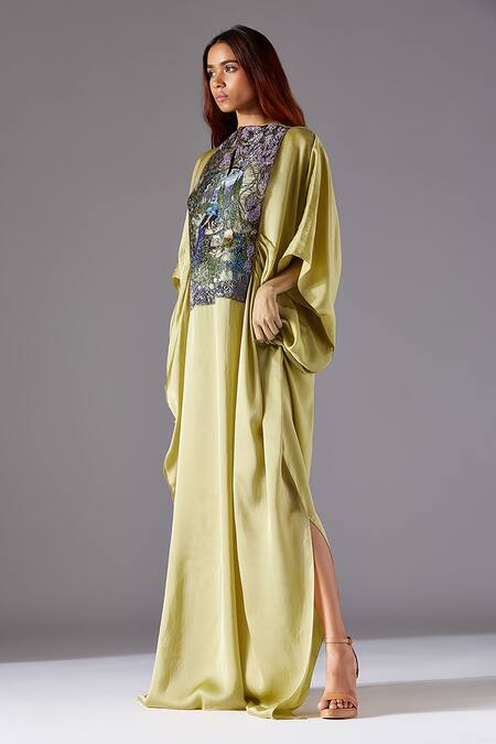 A Humming Way_Green Bamberg Georgette Satin Embroidered Landscape Jacobean Elysian Kaftan _Online_at_Aza_Fashions