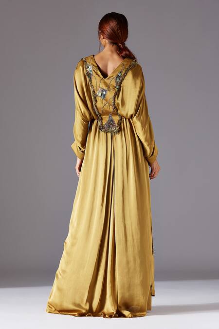 Shop_A Humming Way_Green Georgette Satin Embroidered Landscape Jacobean V Neck Minicoy Kaftan _at_Aza_Fashions