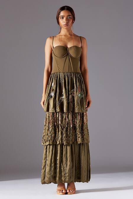 A Humming Way Green Satin, Net Embroidery Sweetheart Neck Topiary Corset Gown Online at Aza Fashions A Humming Way_Green Satin, Net Embroidery Sweetheart Neck Topiary Corset Gown _Online_at_Aza_Fashions