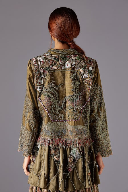 Shop A Humming Way Green Linen Satin Embroidered Landscape Jacobean Shirt Collar Earth Jacket at Aza Fashions Shop_A Humming Way_Green Linen Satin Embroidered Landscape Jacobean Shirt Collar Earth Jacket _at_Aza_Fashions
