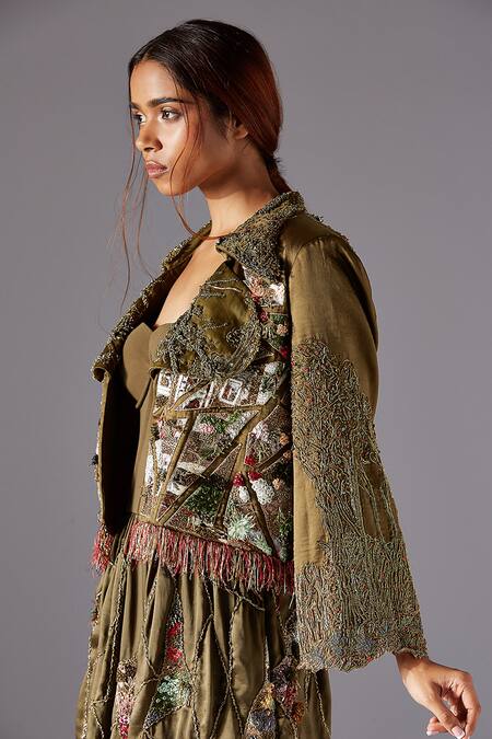 A Humming Way Green Linen Satin Embroidered Landscape Jacobean Shirt Collar Earth Jacket Online at Aza Fashions A Humming Way_Green Linen Satin Embroidered Landscape Jacobean Shirt Collar Earth Jacket _Online_at_Aza_Fashions