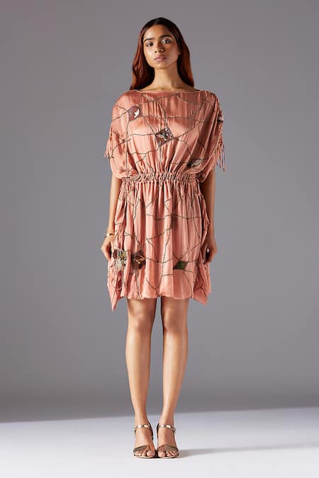 A Humming Way Pink Georgette, Satin Tassels Boat Neck Barberry Kaftan Dress 