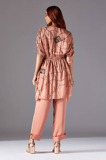 Shop A Humming Way Pink Georgette, Satin Tassels Boat Neck Barberry Kaftan Dress at Aza Fashions Shop_A Humming Way_Pink Georgette, Satin Tassels Boat Neck Barberry Kaftan Dress _at_Aza_Fashions