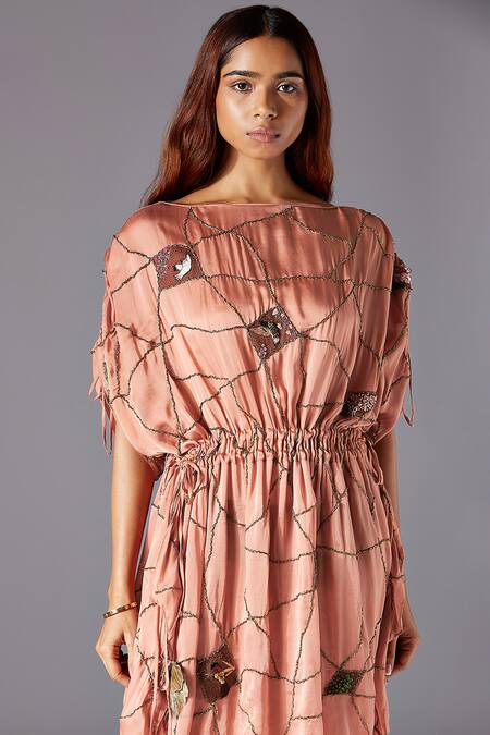 A Humming Way Pink Georgette, Satin Tassels Boat Neck Barberry Kaftan Dress Online at Aza Fashions A Humming Way_Pink Georgette, Satin Tassels Boat Neck Barberry Kaftan Dress _Online_at_Aza_Fashions