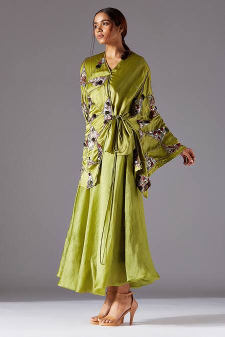 A Humming Way Green Bamberg And Organza Shrubbery Kimono Top & Bulge Skirt Set Online at Aza Fashions A Humming Way_Green Bamberg And Organza Shrubbery Kimono Top & Bulge Skirt Set _Online_at_Aza_Fashions
