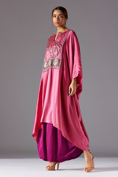 A Humming Way_Pink Satin Metallic Thread Split V-neck Elysian Jubba Kurta And Draped Dhoti Set _Online_at_Aza_Fashions
