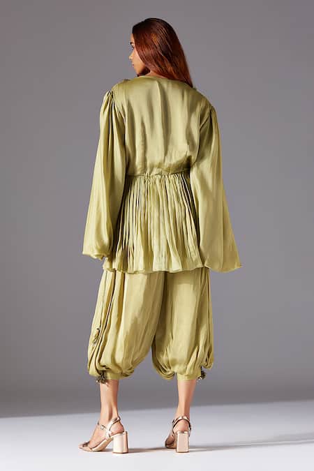 Shop A Humming Way Green V-neck Landscape Jacobean V Dress And Pant Set at Aza Fashions Shop_A Humming Way_Green V-neck Landscape Jacobean V Dress And Pant Set _at_Aza_Fashions