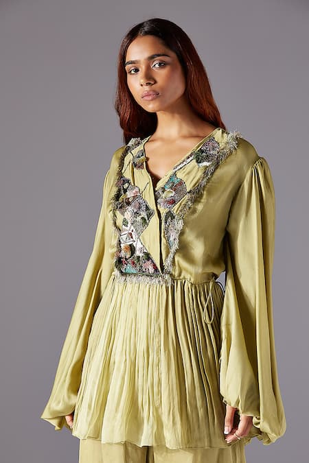 Shop A Humming Way Green V-neck Landscape Jacobean V Dress And Pant Set Online at Aza Fashions Shop_A Humming Way_Green V-neck Landscape Jacobean V Dress And Pant Set _Online_at_Aza_Fashions