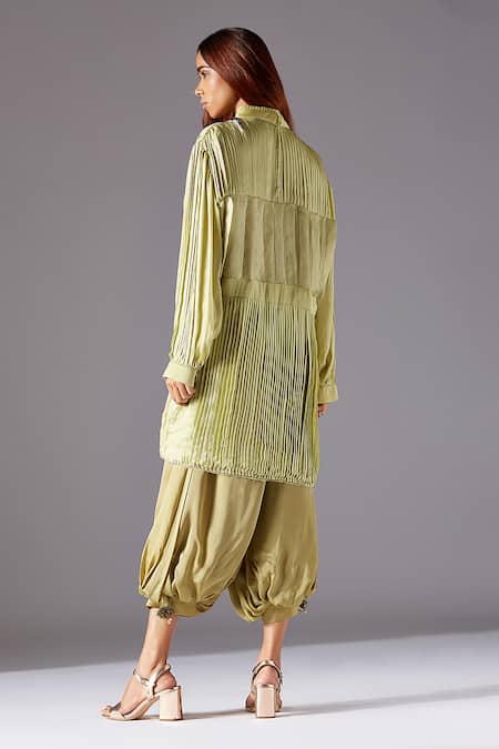 Shop A Humming Way Green Georgette, Satin Embroidery, Furrow Trunk Top And Bulge Crop Pant Set at Aza Fashions Shop_A Humming Way_Green Georgette, Satin Embroidery, Furrow Trunk Top And Bulge Crop Pant Set _at_Aza_Fashions