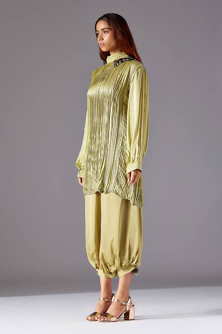 A Humming Way Green Georgette, Satin Embroidery, Furrow Trunk Top And Bulge Crop Pant Set Online at Aza Fashions A Humming Way_Green Georgette, Satin Embroidery, Furrow Trunk Top And Bulge Crop Pant Set _Online_at_Aza_Fashions