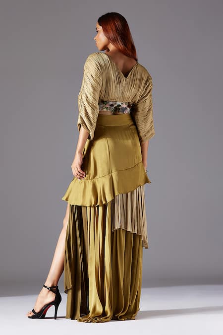 Shop A Humming Way Green Bamberg Georgette Satin And Townscape Blouse & Wild Forest Skirt Set at Aza Fashions Shop_A Humming Way_Green Bamberg Georgette Satin And Townscape Blouse & Wild Forest Skirt Set _at_Aza_Fashions