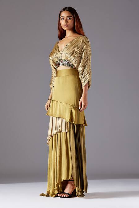 A Humming Way Green Bamberg Georgette Satin And Townscape Blouse & Wild Forest Skirt Set Online at Aza Fashions A Humming Way_Green Bamberg Georgette Satin And Townscape Blouse & Wild Forest Skirt Set _Online_at_Aza_Fashions