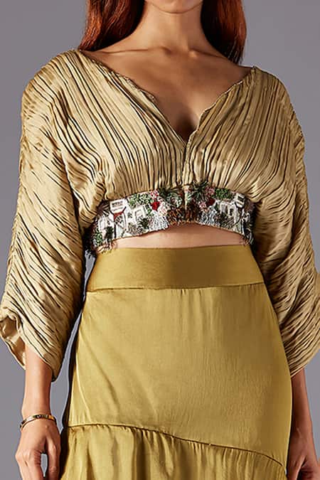 Buy A Humming Way Green Bamberg Georgette Satin And Townscape Blouse & Wild Forest Skirt Set Online at Aza Fashions Buy_A Humming Way_Green Bamberg Georgette Satin And Townscape Blouse & Wild Forest Skirt Set _Online_at_Aza_Fashions