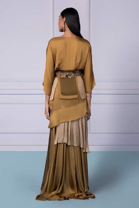 Shop A Humming Way Green Linen And Georgette Embroidered V Bhutani Top & Frill Skirt Set at Aza Fashions Shop_A Humming Way_Green Linen And Georgette Embroidered V Bhutani Top & Frill Skirt Set _at_Aza_Fashions