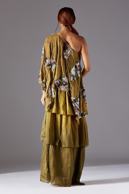 Shop A Humming Way Green Georgette, Satin, Organza Topiary Cape And Forestland 3-tiered Dress Gown at Aza Fashions Shop_A Humming Way_Green Georgette, Satin, Organza Topiary Cape And Forestland 3-tiered Dress Gown _at_Aza_Fashions