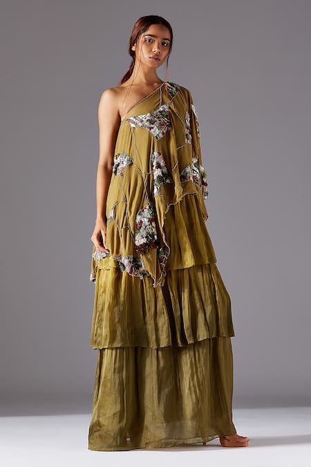 A Humming Way Green Georgette, Satin, Organza Topiary Cape And Forestland 3-tiered Dress Gown Online at Aza Fashions A Humming Way_Green Georgette, Satin, Organza Topiary Cape And Forestland 3-tiered Dress Gown _Online_at_Aza_Fashions