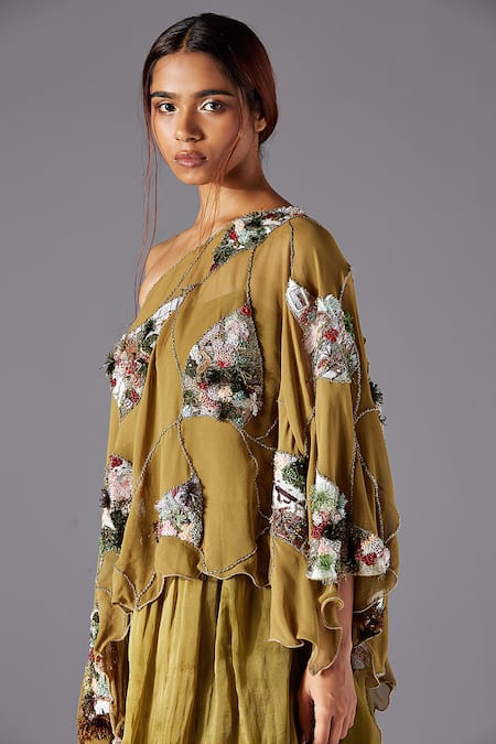 Buy A Humming Way Green Georgette, Satin, Organza Topiary Cape And Forestland 3-tiered Dress Gown Online at Aza Fashions Buy_A Humming Way_Green Georgette, Satin, Organza Topiary Cape And Forestland 3-tiered Dress Gown _Online_at_Aza_Fashions