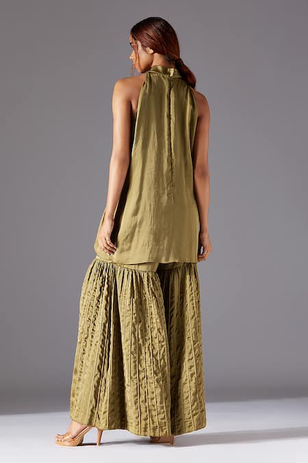 Shop A Humming Way Green Georgette, Satin Embroidery Halter Neck Top And Sharara Set at Aza Fashions Shop_A Humming Way_Green Georgette, Satin Embroidery Halter Neck Top And Sharara Set _at_Aza_Fashions