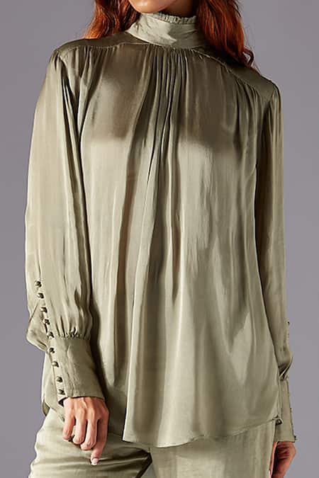 A Humming Way_Green Georgette, Satin Embroidery High Neck Classic Shirt And Mesa Sharara Set _Online_at_Aza_Fashions