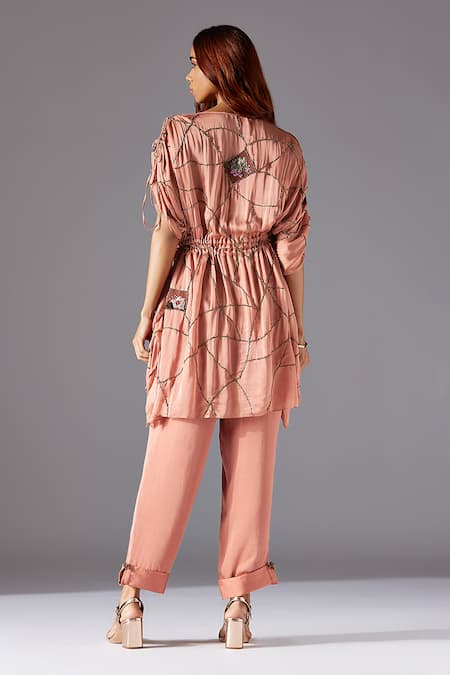 Shop A Humming Way Pink Georgette, Satin Tassels, Metallic Barberry Kaftan Dress And Simple Pant Set at Aza Fashions Shop_A Humming Way_Pink Georgette, Satin Tassels, Metallic Barberry Kaftan Dress And Simple Pant Set _at_Aza_Fashions