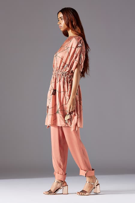 A Humming Way Pink Georgette, Satin Tassels, Metallic Barberry Kaftan Dress And Simple Pant Set Online at Aza Fashions A Humming Way_Pink Georgette, Satin Tassels, Metallic Barberry Kaftan Dress And Simple Pant Set _Online_at_Aza_Fashions