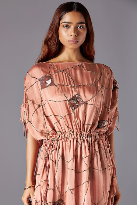 Shop A Humming Way Pink Georgette, Satin Tassels, Metallic Barberry Kaftan Dress And Simple Pant Set Online at Aza Fashions Shop_A Humming Way_Pink Georgette, Satin Tassels, Metallic Barberry Kaftan Dress And Simple Pant Set _Online_at_Aza_Fashions