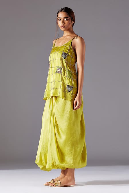 A Humming Way_Green Georgette, Satin, Organza Machair Spaghetti Top And Cowled Pant Set _Online_at_Aza_Fashions