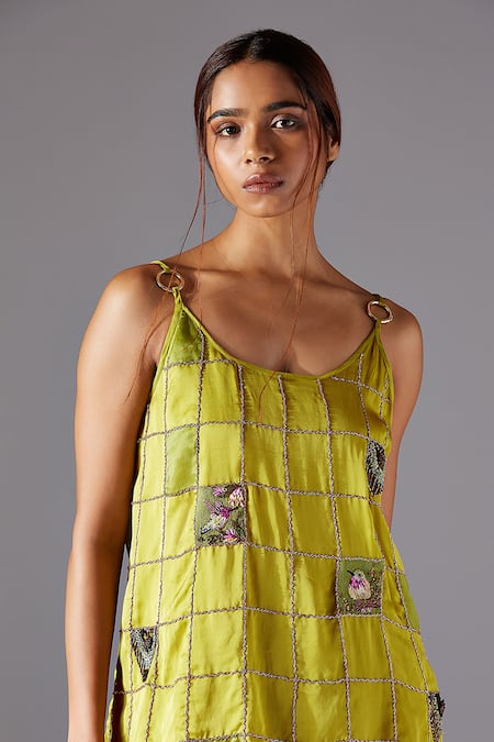 Buy_A Humming Way_Green Georgette, Satin, Organza Machair Spaghetti Top And Cowled Pant Set _Online_at_Aza_Fashions