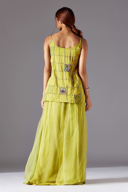 Shop A Humming Way Green Georgette, Satin, Bamboo, Organza Lime Top And Colorblocked Skirt Set at Aza Fashions Shop_A Humming Way_Green Georgette, Satin, Bamboo, Organza Lime Top And Colorblocked Skirt Set _at_Aza_Fashions