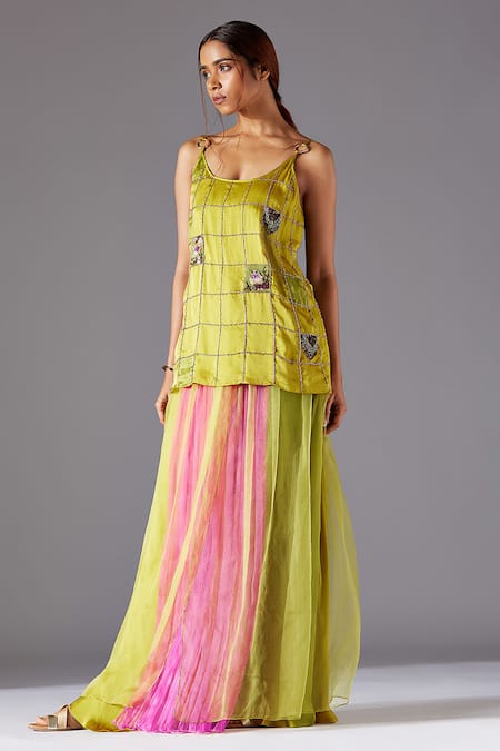 A Humming Way Green Georgette, Satin, Bamboo, Organza Lime Top And Colorblocked Skirt Set Online at Aza Fashions A Humming Way_Green Georgette, Satin, Bamboo, Organza Lime Top And Colorblocked Skirt Set _Online_at_Aza_Fashions