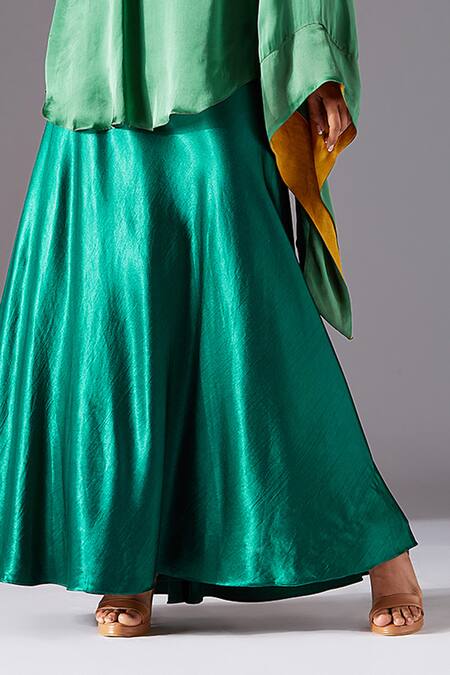 A Humming Way_Green Silk, Georgette High Neck Kimono Shirt And Flared Skirt Set _Online_at_Aza_Fashions