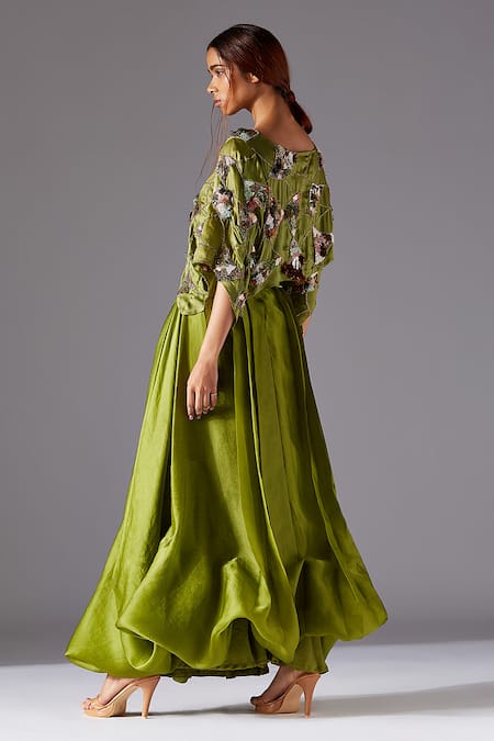 A Humming Way_Green Satin, Bamboo Embroidery Boat Neck Shrubbery Crop Top And Bubble Skirt Set _Online_at_Aza_Fashions