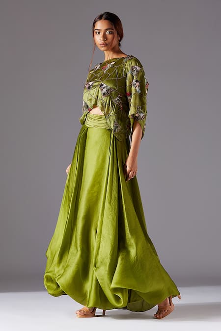 Buy_A Humming Way_Green Satin, Bamboo Embroidery Boat Neck Shrubbery Crop Top And Bubble Skirt Set _Online_at_Aza_Fashions