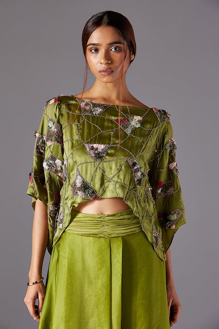 Shop_A Humming Way_Green Satin, Bamboo Embroidery Boat Neck Shrubbery Crop Top And Bubble Skirt Set _Online_at_Aza_Fashions