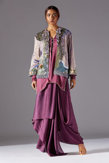 A Humming Way Gold Satin Chiffon Hand Embroidered Elysian Iris Jacket With Tree Bark Kurta Set 