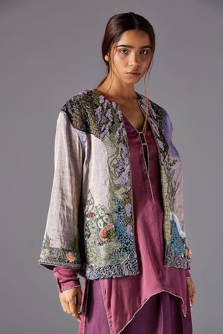 A Humming Way Gold Chanderi, Satin, Chiffon Elysian Iris Jacket With Tree Bark Kurta Set Online at Aza Fashions A Humming Way_Gold Chanderi, Satin, Chiffon Elysian Iris Jacket With Tree Bark Kurta Set _Online_at_Aza_Fashions