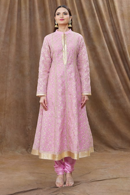 Aiman_Pink Chanderi Gota Patti, Tassels, Embroidery Mandarin Collar Anarkali Set_Online_at_Aza_Fashions