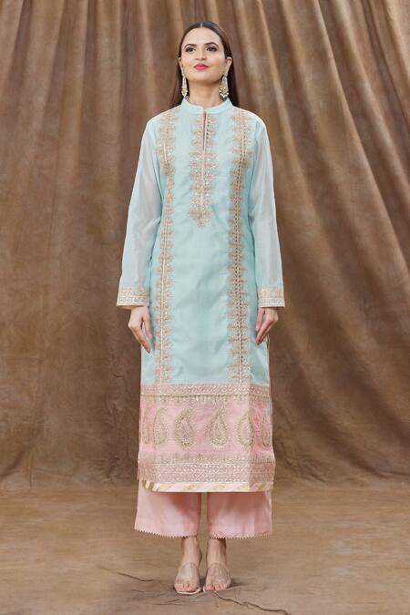 Aiman_Green Chanderi Gota Patti, Embroidery, Cut Work Colorblock Kurta Palazzo Set_Online_at_Aza_Fashions