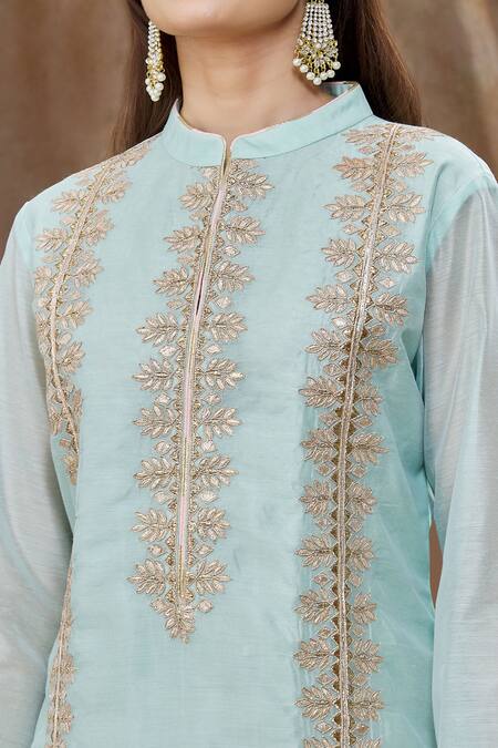 Shop_Aiman_Green Chanderi Gota Patti, Embroidery, Cut Work Colorblock Kurta Palazzo Set_Online_at_Aza_Fashions