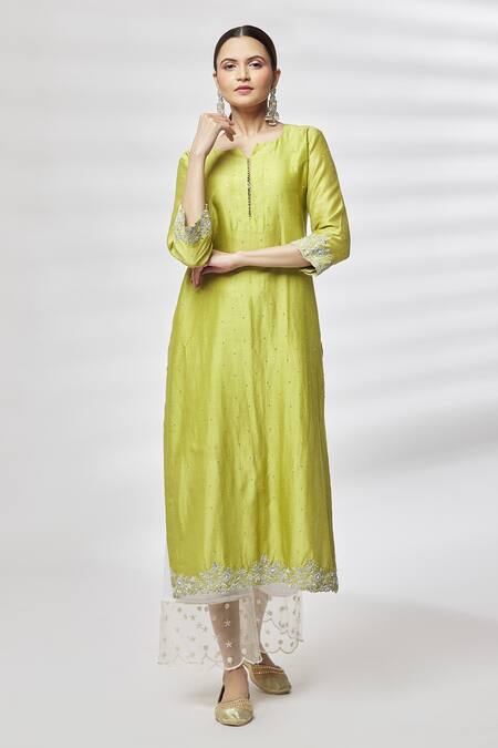 Buy_Kasturi Tikmani_Yellow Kurta Pure Chanderi Floral Notched Pattern And Pant Set_Online_at_Aza_Fashions