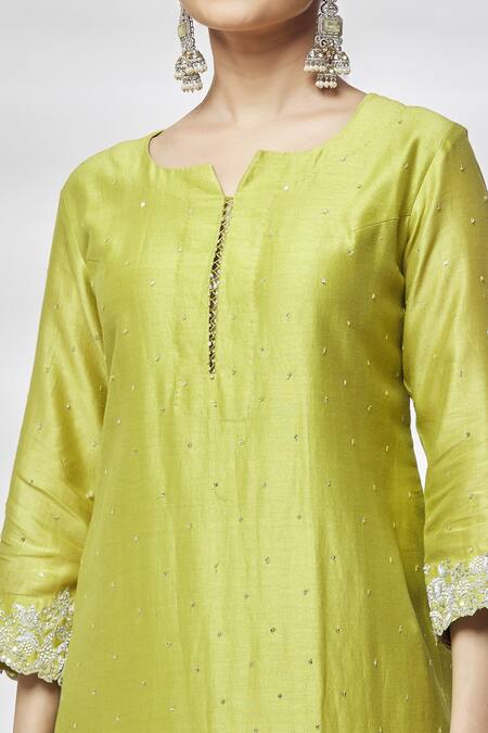 Shop_Kasturi Tikmani_Yellow Kurta Pure Chanderi Floral Notched Pattern And Pant Set_Online_at_Aza_Fashions