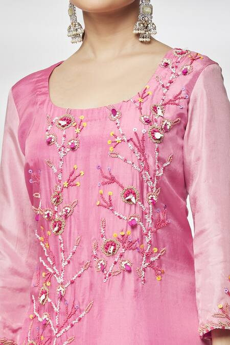 Shop_Kasturi Tikmani_Pink Habutai Silk Floral Round Straight Pattern Kurta_Online_at_Aza_Fashions
