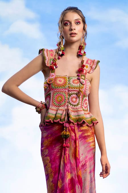 Capisvirleo Pink Cotton Tassels, Embroidery Square Neck Camilla Thread Crop Top at Aza Fashions Capisvirleo_Pink Cotton Tassels, Embroidery Square Neck Camilla Thread Crop Top _at_Aza_Fashions