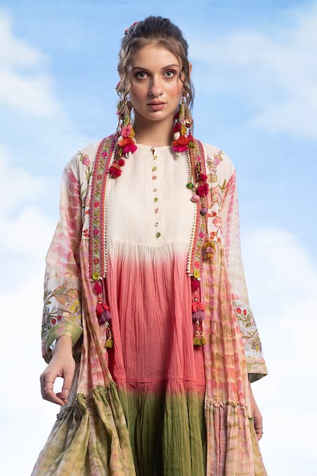 Shop_CAPISVIRLEO_Ivory Cotton Embroidery, Charlotte Gathered Dress With Printed Cover-up Jacket _Online_at_Aza_Fashions