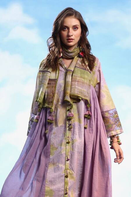 Shop_CAPISVIRLEO_Purple Cotton V-neck Diva Tie-dye Print Dress With Stole 