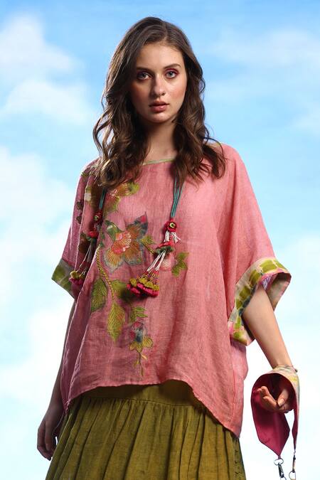 CAPISVIRLEO_Pink Linen Embroidery Round Neck Liaden Thread Crop Top _at_Aza_Fashions